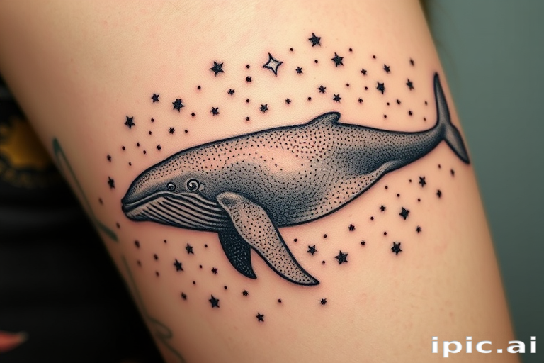 Dotwork tattoo called "Cosmic Whale" portraying a majestic whale swimming through a star-filled galaxy, using thousands of tiny dots to create shading, texture, and celestial elements