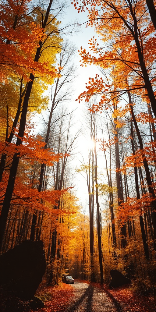 Create a high-resolution image of a tranquil forest scene with vibrant autumn foliage, soft golden sunlight filtering through the trees, shot with a Canon EOS R5 at f/2.8, 1/125 sec, ISO 200, wide-angle lens from a low angle perspective to enhance depth and detail.
