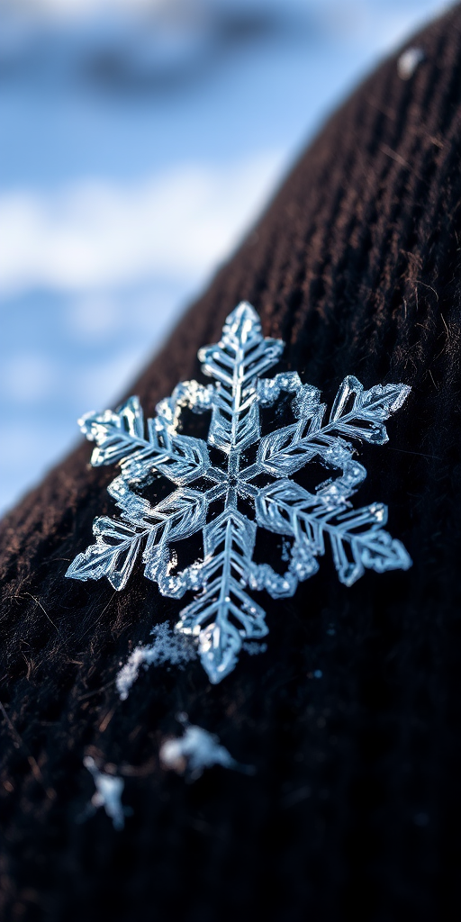 Close-up of an intricate snowflake resting on a dark mitten, soft light highlighting its delicate crystalline structure, with a blurred winter landscape softly visible in the background.