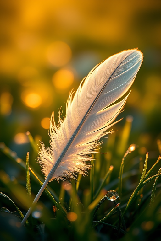 macro shot of a soft feather resting on dew-covered grass at sunrise, with golden bokeh effect, f/1.8 aperture, ISO 100, 50mm lens, shot with a full-frame DSLR, natural lighting, shallow depth of field.