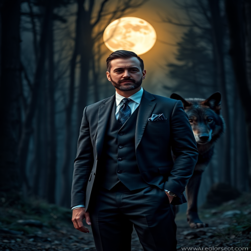 Generate an image of a well-dressed man wearing a three-piece suit with a blue pocket square standing confidently in a moonlit forest beside a large, dark wolf, with full moon illuminating the scene, captured with a Canon EOS R5, 50mm lens, aperture f/1.4, ISO 100, neutral density filter, and a soft focus style for enhanced depth and clarity.