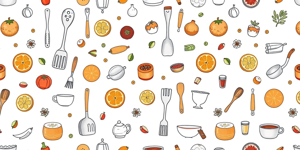 Create a high-resolution seamless pattern design featuring hand-drawn kitchen utensils, food items, and ingredients on a white background, captured with a 50mm lens, f/8 aperture, ISO 100, in a studio lighting setup using a DSLR camera.