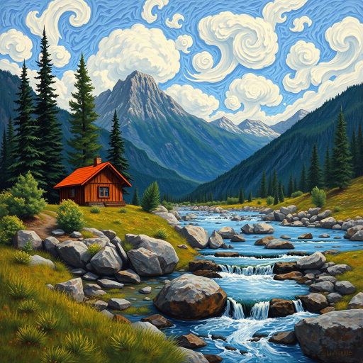 This Van Gogh-inspired painting depicts a peaceful scene of a small cabin located near a flowing river. The scene is surrounded by lush vegetation, including tall trees and rocky terrain. In the background, majestic mountains rise under a sky filled with rolling clouds. The river gently cascades over the rocks, adding a sense of movement and tranquility to the scene. The use of vibrant colors and detailed brushstrokes create a sense of depth and harmony in the natural setting.