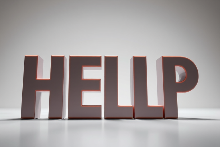 Create an image with the word "HELP" in bold, 3D style with a glossy finish, using a Canon EOS 5D Mark IV, f/2.8 aperture, ISO 100, 50mm lens, shot from a low angle to emphasize depth, with soft studio lighting.