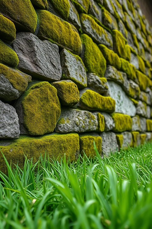 create a high-resolution image of an old moss-covered stone wall with lush green grass in front, taken from a low angle, using a DSLR camera at f/2.8, ISO 100, shutter speed 1/125s, showcasing detailed texture and vibrant colors