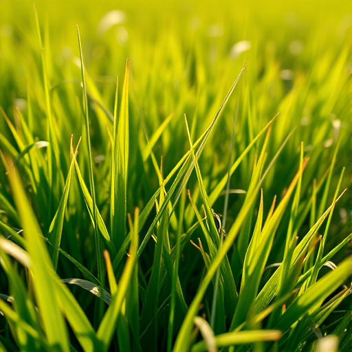 Generate a vibrant grassy field scene with a macro lens using a DSLR camera at f/2.8, ISO 100, shutter speed 1/200s, capturing intricate textures and details of the grass under natural sunlight in a wide-angle view.