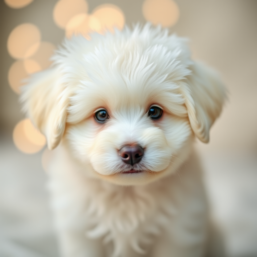 a cute fluffy white puppy portrait with soft bokeh background, shallow depth of field, f/1.8 aperture, 50mm lens, ISO 200, soft diffused lighting, shot from eye level, using a DSLR camera