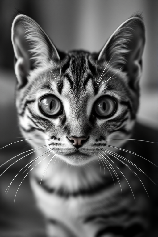 A high-resolution black and white photograph of a tabby cat with captivating eyes, focused on its facial expression, taken with a Canon EOS 5D Mark IV, using a 50mm f/1.8 lens, at ISO 200, aperture f/2.8, and a shallow depth of field to enhance the subject, in a soft natural light setting.