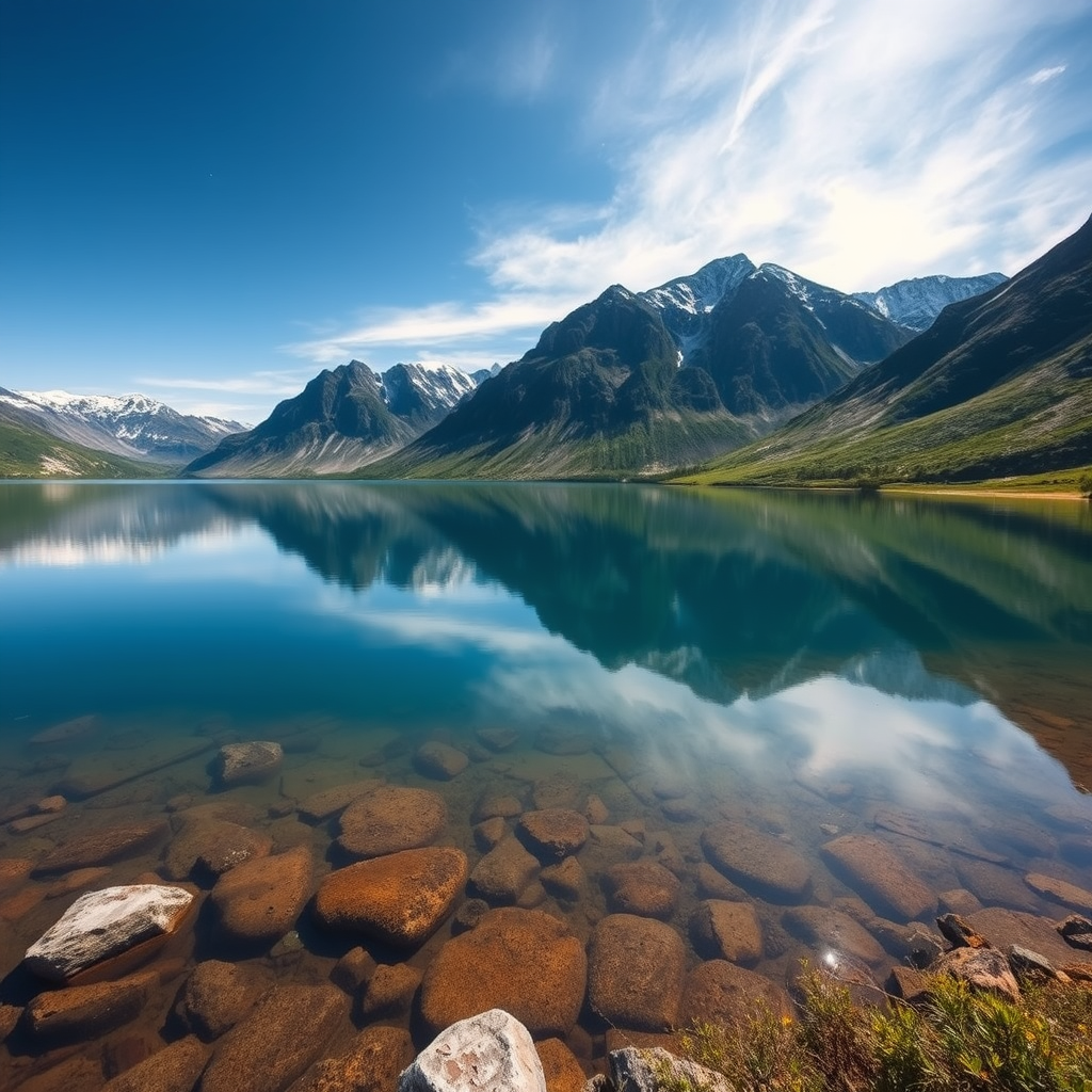 Generate an image of a serene landscape featuring a calm lake reflecting mountains under a clear blue sky, taken with a DSLR camera at f/8, ISO 100, 1/250s shutter speed, in wide-angle view, using a high dynamic range style for enhanced detail and vibrancy.