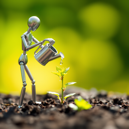 A metal figurine of a person, constructed from thin, silver rods, stands on the left side of the image, facing the viewer. The figurine is holding a small watering can and pouring water onto a young plant, with a few droplets in the air. The plant, with lush green leaves, is situated in the center, growing from dark soil. The background is a soft, out-of-focus blur of green, illuminated by warm, natural light.  The composition creates a sense of depth and intimacy. The image evokes feelings of growth, nurture, and hope.