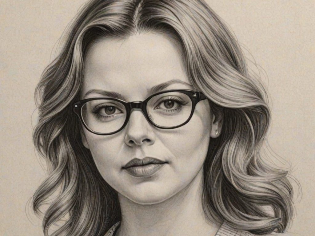 Pleasing Amber Tamblyn, pencil sketch, portrait of Resplendent woman 1941s in glasses, hair style beatnik, outline, clear lines, fine lines, 8k