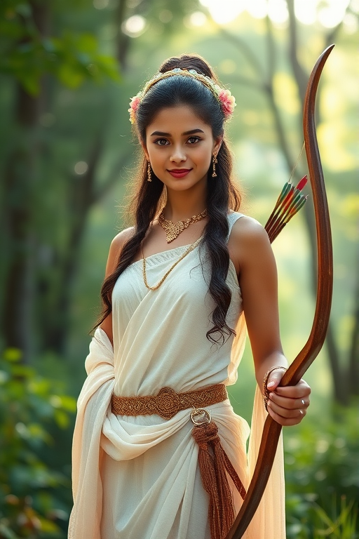 Create a portrait of a goddess-like Nepali girl figure in a tranquil, forested environment. She has an elegant appearance with long, wavy hair styled in an updo and adorned with a delicate, floral headband. She wears a flowing, ancient Greek-inspired gown in a soft, pale color, featuring a one-shoulder design and draped fabric that accentuates her graceful form. The outfit includes a decorative belt with ornate gold detailing, and she holds a bow in her hand, with a quiver of arrows slung over her shoulder. The background depicts lush greenery, with sunlight filtering through the trees, casting a gentle, ethereal light on the scene. Her expression is calm and contemplative, embodying a sense of wisdom and serenity.