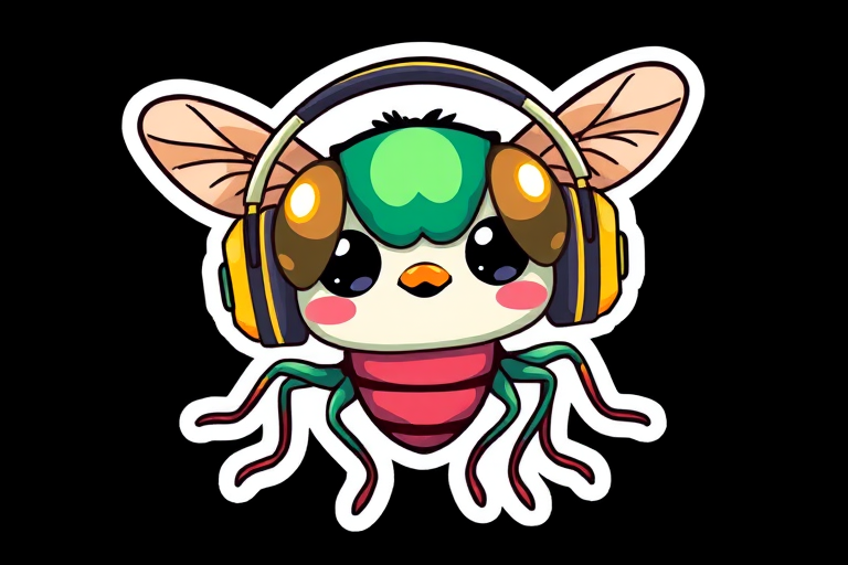 this photo is sticker, Happy Colorful Flea wearing Headphones, kawaii, contour, vector, black background