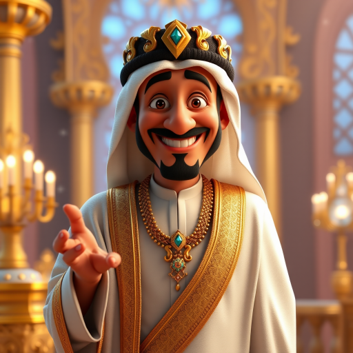 Create a 3D rendering of a wealthy Arab male sheikh from Dubai, inspired by the Disney animation style. The sheikh must have a smile and a playful but wise character. Place your character in an atmosphere of wealth and luxury. The image must be in high resolution format. Dynamic pose above the waist, gesturing with hands (Pixar Art style)++ highly detailed digital painting, art stations, concept art, soft focus, hard focus, illustrations. cinematic, visual effects, HDR, Unreal Engine 5, ray tracing, soft light, 8k, high detail, sparkling backlighting, luxury gem, game art, 3d, cartoon, colorful, magical, mysterious