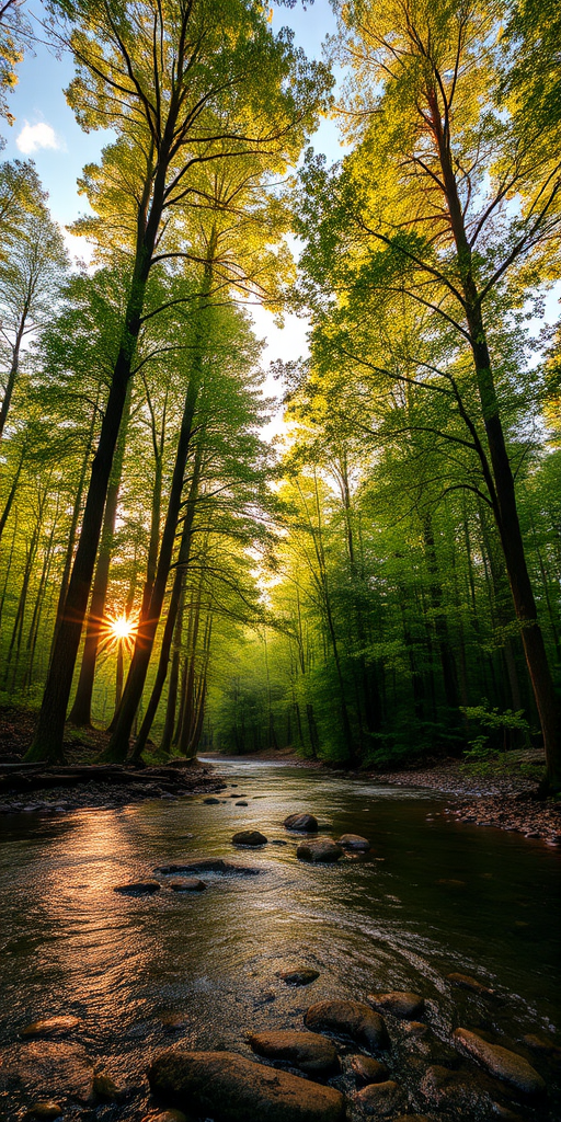 Create an image of a serene, sunlit forest scene with a clear, gently flowing river. Tall trees with lush green foliage line both sides of the river, their leaves bathed in the warm golden light of the setting or rising sun. The sunlight filters through the trees, casting soft, dappled light on the river, which flows over smooth rocks and pebbles, creating a peaceful, natural atmosphere. The sky is bright with a few scattered clouds, and the overall mood is tranquil, evoking a deep sense of connection with nature. The image captures the beauty of a calm, pristine forest landscape at either dawn or dusk.