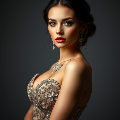 Studio portrait, female model, elegant couture dress, bold makeup, dramatic lighting, Shoot over the shoulder using a telephoto lens to focus on small details like jewelry, makeup, or fabric textures