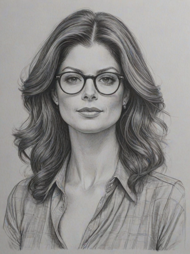 Superb Debra Messing, pencil sketch, portrait of Splendid woman 1974s in glasses, hair style beatnik, outline, clear lines, fine lines, 8k