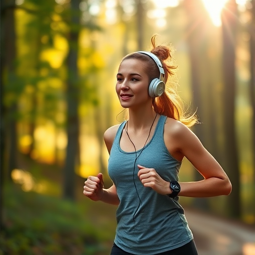 A young woman jogging in a forest wearing headphones, natural sunlight filtering through the trees, captured with a Canon EOS R5, 50mm lens, f/1.8, ISO 100, soft focus background to enhance depth, vibrant colors and warm lighting.