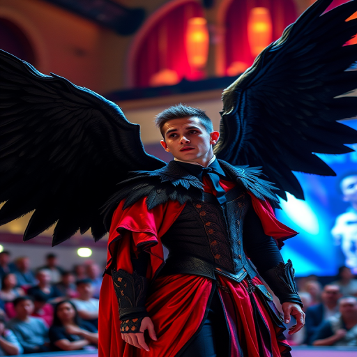 exterior shot of a performer in a dramatic costume with large black wings, captured with a DSLR camera, ISO 800, aperture f/4, shutter speed 1/250s, using a mid-range zoom lens, in a vibrant theater setting with an audience in the background, focusing on the intricate details of the costume and expression.