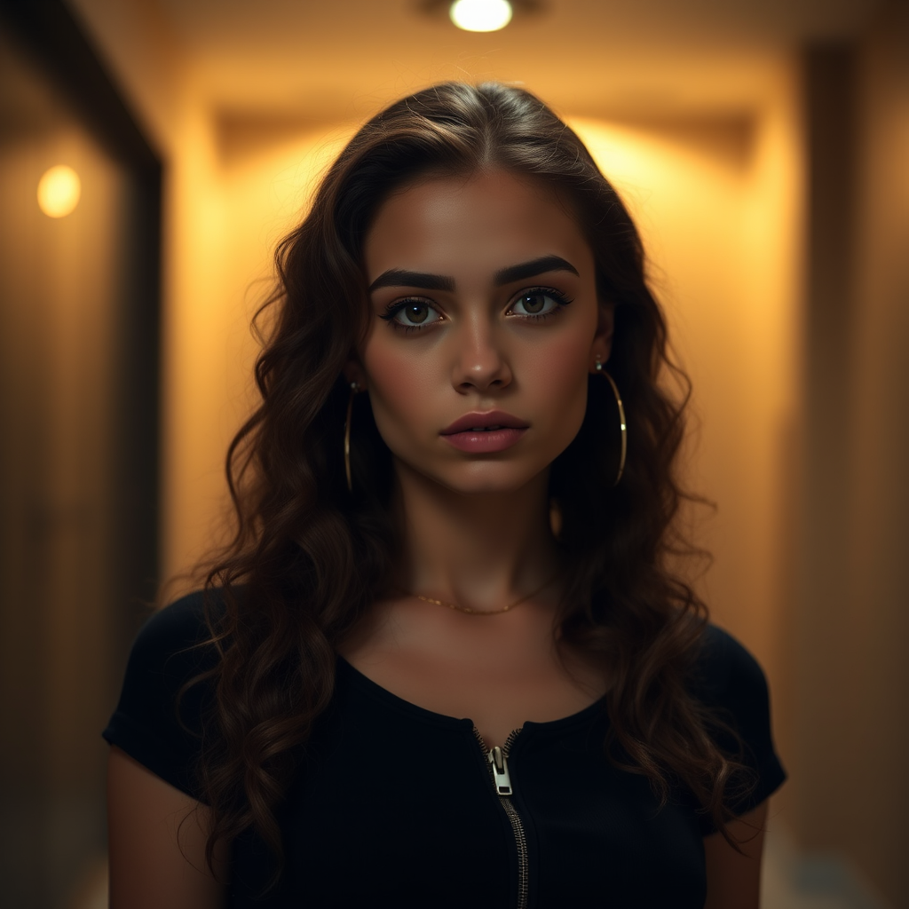 A young woman with long, curly brown hair is looking directly at the viewer. She is wearing a black top with a zipper down the front. The setting is a dimly lit interior space, with a warm, golden light emanating from the background. Her expression is neutral, with a hint of seriousness. The image is a close-up portrait with a shallow depth of field, focusing on the woman's face and torso. The background is blurred, creating a soft and intimate atmosphere.  She is wearing large gold hoop earrings, and a small gold chain is visible around her neck.  Her makeup is natural and simple, highlighting her brown eyes. The lighting creates subtle shadows that accentuate her features.  Her skin is smooth and glows in the soft light. The composition is balanced, with the woman's face positioned in the center of the frame.  The image is focused on capturing her beauty and confidence.