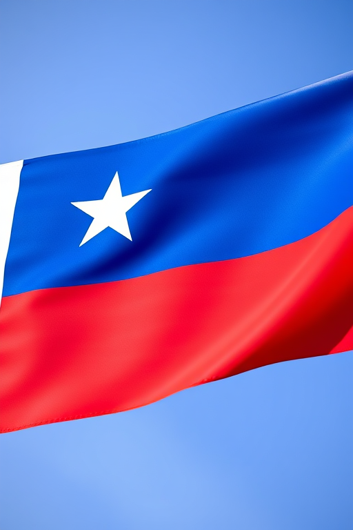 Create a high-resolution image of the Chilean flag with a vibrant blue square containing a white star on the left and a horizontal red band at the bottom, using a DSLR camera, f/8 aperture, 50mm lens, and natural daylight for optimal color clarity and balance.