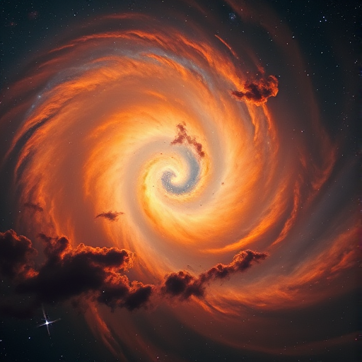 A swirling cosmic nebula with vibrant oranges and blues, showcasing swirling clouds and celestial formations, captured with a Canon EOS R5, 24mm lens, f/2.8 aperture, ISO 100, shot with a long exposure style to enhance light trails and details.