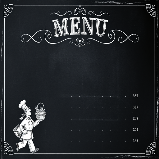 Create a vintage-style chalkboard menu design featuring ornate typography at the top and a hand-drawn chef carrying a basket of food on the bottom left, using a DSLR camera with a 50mm lens, f/1.8 aperture, ISO 100, and soft natural lighting to enhance the texture and contrast.