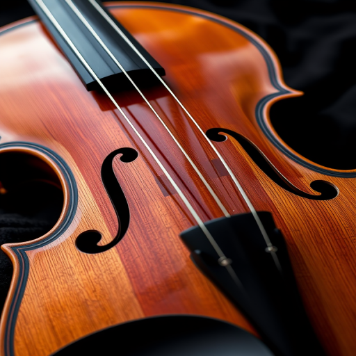 A beautifully detailed close-up of a wooden violin with a glossy finish, showcased on a black velvet background, using a DSLR camera, 50mm lens, aperture f/2.8, ISO 100, in natural lighting to enhance the richness of the wood grain and the shine of the strings.