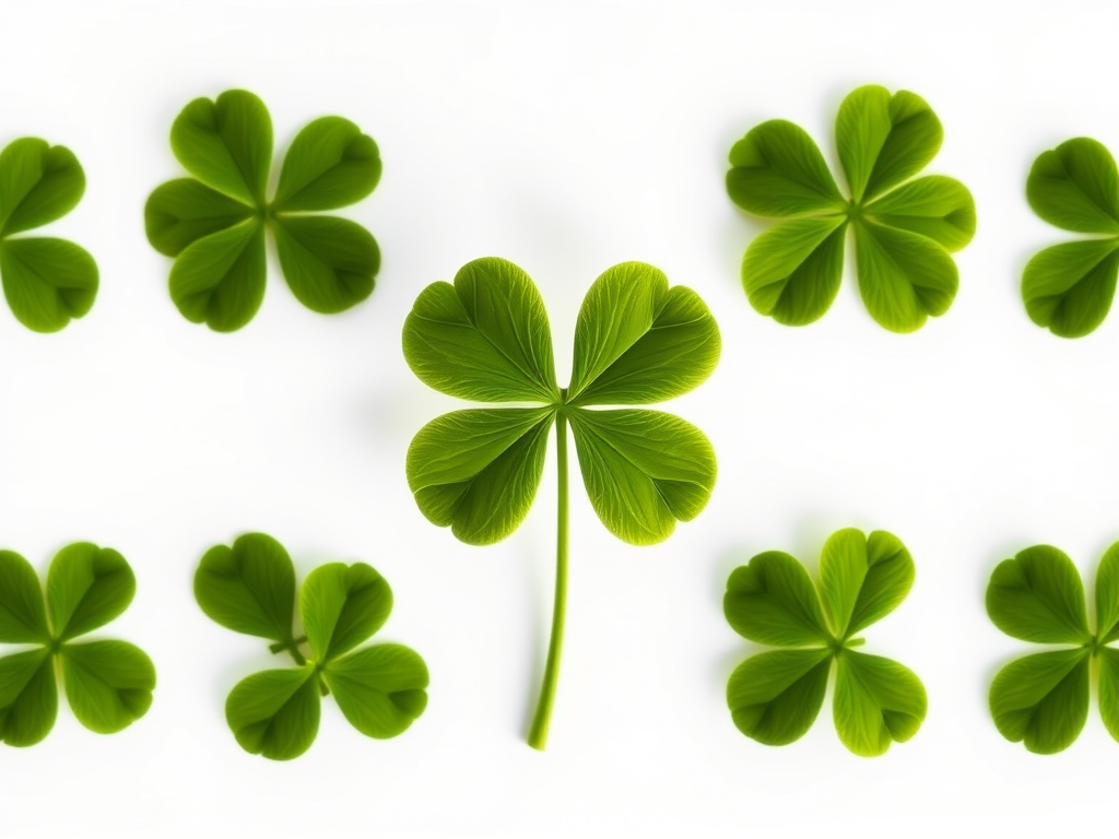 Create a high-resolution illustration of a four-leaf clover against a white background, captured using a DSLR camera at f/8 aperture, 50mm lens, ISO 100, soft lighting to enhance color vibrancy and detail.