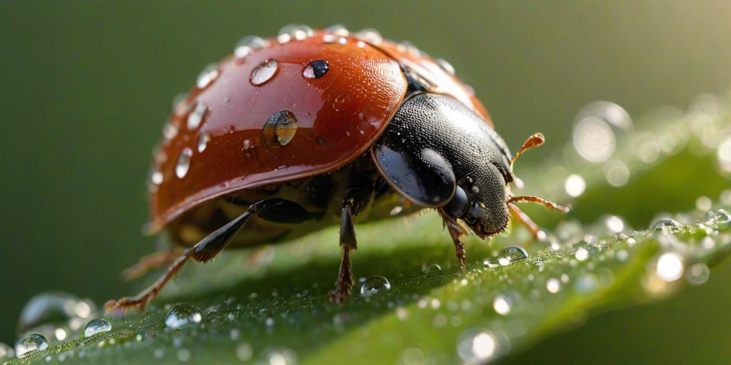 Sharp, detailed close-up of a ladybug crawling across a dewdrop-covered leaf, soft sunlight illuminating the tiny droplets, with distant flowers blurred in the background.