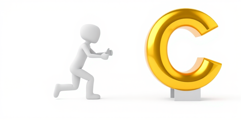Create a 3D rendering of a white stick figure pushing a large shiny gold letter C, set against a plain white backdrop, using a Canon EOS R5, 50mm f/1.2 lens, aperture set to f/2.8, ISO 100, and a soft box light setup for even illumination.