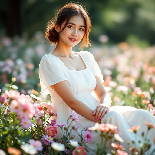 a young woman in a white dress sitting among flowers with a dreamy expression, soft focus background, natural light, aperture f/2.8, shutter speed 1/200s, ISO 100, 85mm lens, portrait orientation, DSLR camera