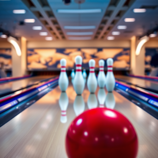 A high-resolution image of a bowling alley with a close-up view of a polished red bowling ball rolling towards a set of ten white bowling pins, with soft ambient lighting; camera settings: f/1.8, ISO 200, shutter speed 1/100s; camera style: shallow depth of field for a blurred background; camera type: DSLR.
