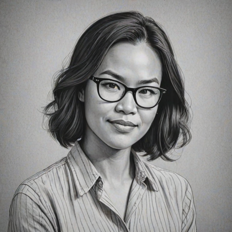Comely Ali Wong, pencil sketch, portrait of Delightful woman 1949s in glasses, hair style beatnik, outline, clear lines, fine lines, 8k