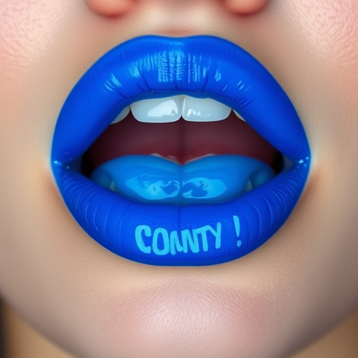 Bold electric blue lips with a high-shine lacquer finish, making a daring statement and showcasing unconventional beauty