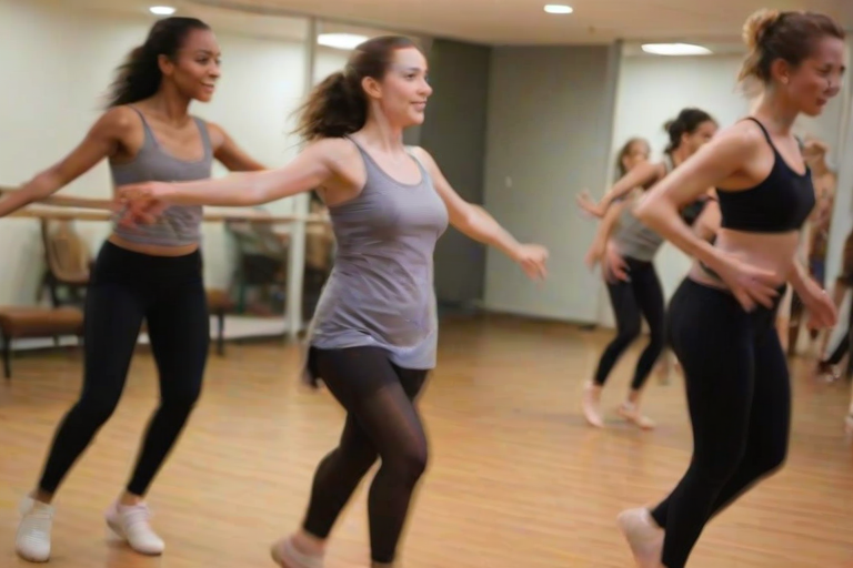 Blurry action shot of a woman participating in a dance class, gracefully moving to the music, with mirrors reflecting her movements and the energy of fellow dancers around her.