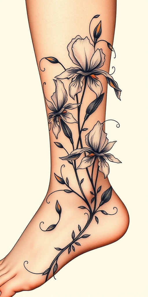 Enchanting art nouveau-inspired floral tattoo with sinuous lines and organic shapes, depicting blooming irises and trailing vines, gracefully wrapping around the ankle and lower leg