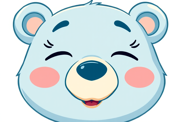 Create a vibrant, cartoon-style illustration of a light blue bear face with closed eyes and a playful expression, shot with a DSLR camera at f/2.8, 50mm lens, ISO 100, 1/200 sec, with a close-up view and high saturation colors to enhance image quality.