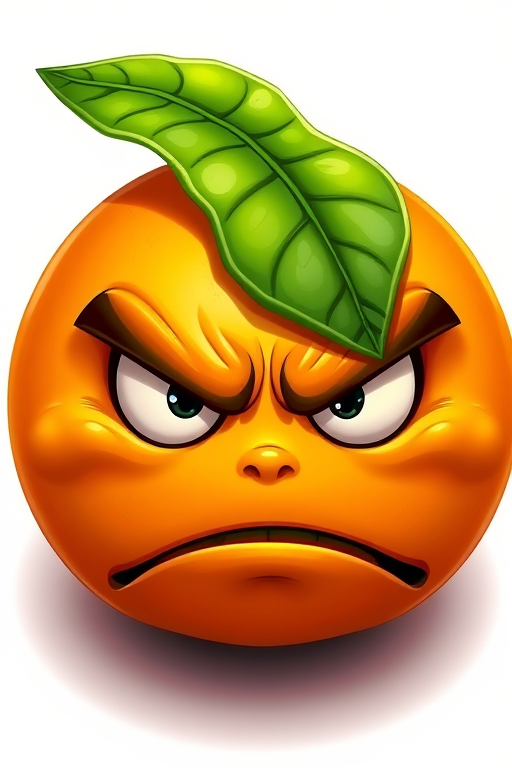 create a detailed illustration of an angry orange emoji with a green leaf on top, high-resolution, 50mm lens, f/2.8 aperture, natural lighting, shot from a slightly angled front view, digital art style