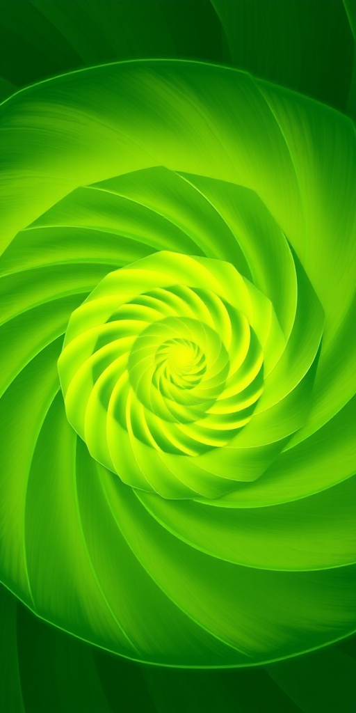 Create a vibrant green spiral pattern with sharp edges and high contrast, captured with a DSLR camera, 50mm lens, f/8 aperture, 1/250 sec shutter speed, ISO 100, in a top-down view to enhance detail and depth.