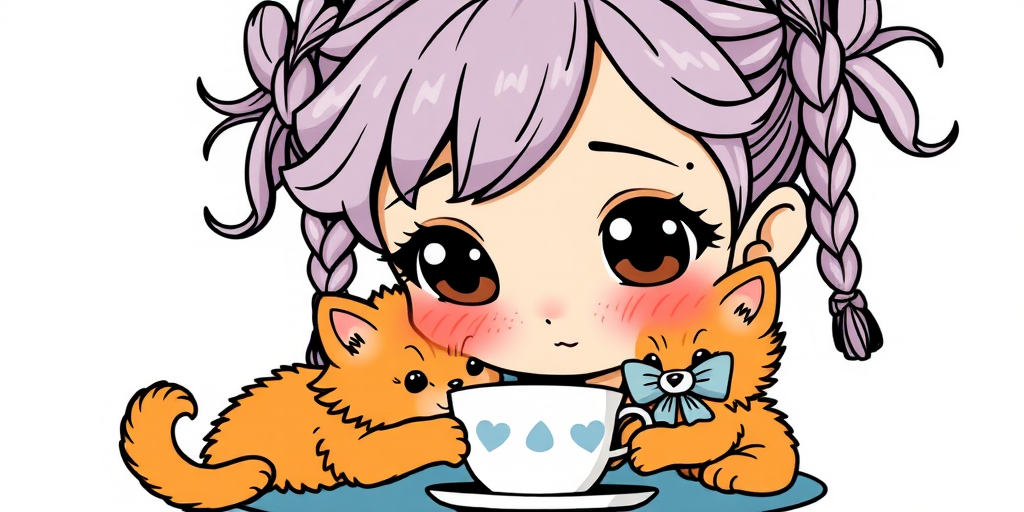 A vector art style sticker of a chibi girl with freckles and dimples, big brown round eyes, and messy periwinkle braids, playing tea with a fluffy orange kitten wearing a bow. Bold line art