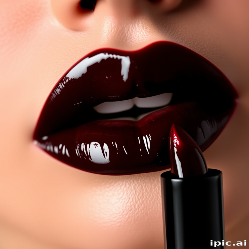 Glossy black cherry lips with a deep, rich color, exuding mystery and sophistication while maintaining a juicy, tempting appearance