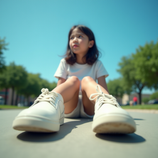 Generate an ultra-realistic, highly detailed, high-definition photograph. It's a photo of a girl sitting on the floor. She's looking at the horizon. The photo is taken from the bottom up, at ground level. The girl's sneakers are in the foreground, in the center of the scene. The girl is wearing light clothes, a t-shirt and short shorts. The sky is blue. Bright environment. The background is a blurred image of a park.