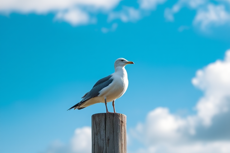 a seagull standing on a wooden post against a blue sky with clouds, focus on the bird, shallow depth of field, shot with a DSLR camera at f/2.8, ISO 100, shutter speed 1/500s, natural lighting, taken from a low angle for dramatic effect