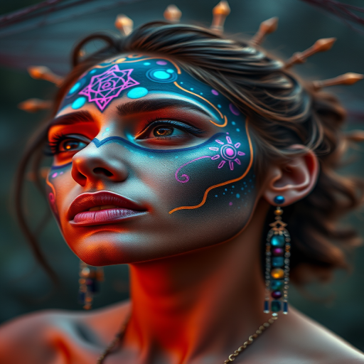 Create a high-resolution portrait of a woman with intricate face paint and cosmic elements in the background, captured with a Canon EOS R5, 50mm lens, f/1.8 aperture, ISO 100, shot from a slightly low angle in a soft focus style to enhance facial details and vibrant colors.