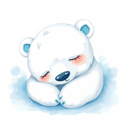 Create a high-resolution watercolor illustration of a cute sleeping polar bear character with light blue accents, using a Canon EOS R5 camera, 50mm f/1.2 lens, aperture set at f/2.8, ISO 100, and natural soft lighting for enhanced quality.