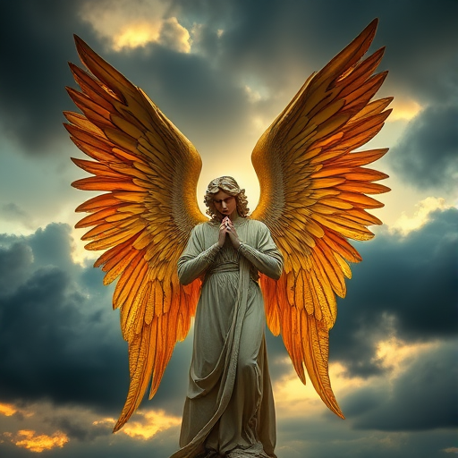 A majestic angel with large, detailed golden wings standing against a dramatic, moody sky, illuminated with soft, diffused light, portrait orientation, 50mm lens, f/1.4 aperture, ISO 100, taken with a full-frame DSLR, high dynamic range imaging.