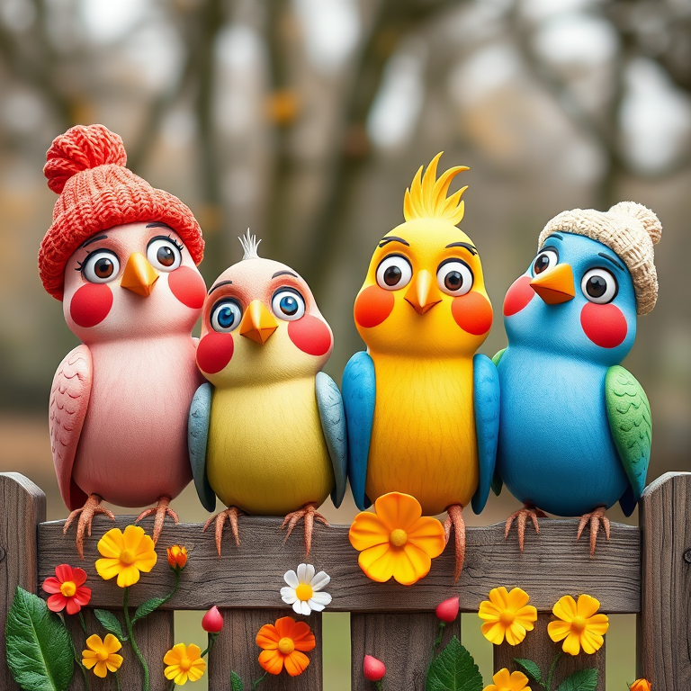 create a scene of 4 quirky  whimsical colourful comical birds each with a funny expression. they are sat on a wooden fence with colourful flowers. they are all different sizes. each one is a different colour  one is wearing a woolly hat. Each one has a different quirky google expression and there is a muted background of trees watercolour paintierly style high definition 8k resolution 3D paper mache
