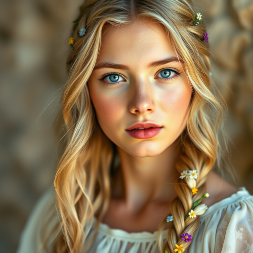 Create an image of a young Sephardic woman with long, wavy blonde hair, adorned with small, colorful flowers woven into her braids and loose strands. Her complexion is fair, with soft, glowing skin, and she has light blue eyes that gaze softly at the viewer. She wears a light, flowing dress with a gentle, ethereal quality, complementing her delicate and serene appearance. The background is slightly blurred, drawing focus to her tranquil expression and the intricate details of the flowers in her hair. The overall mood of the image is one of natural beauty and grace, evoking a sense of peacefulness and connection with nature.