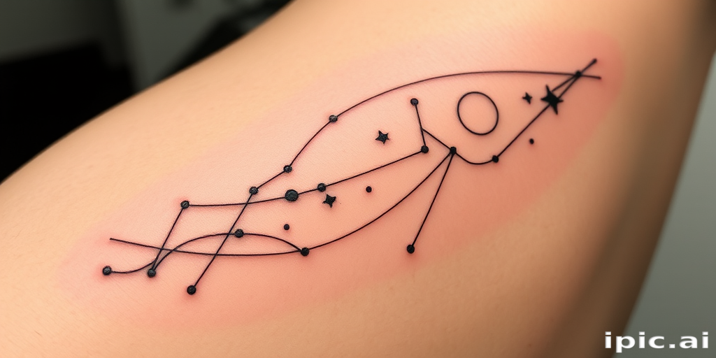 Minimalist linework tattoo dubbed "Ethereal Threads" consisting of a series of continuous, flowing lines that create abstract representations of celestial bodies and constellations with negative space